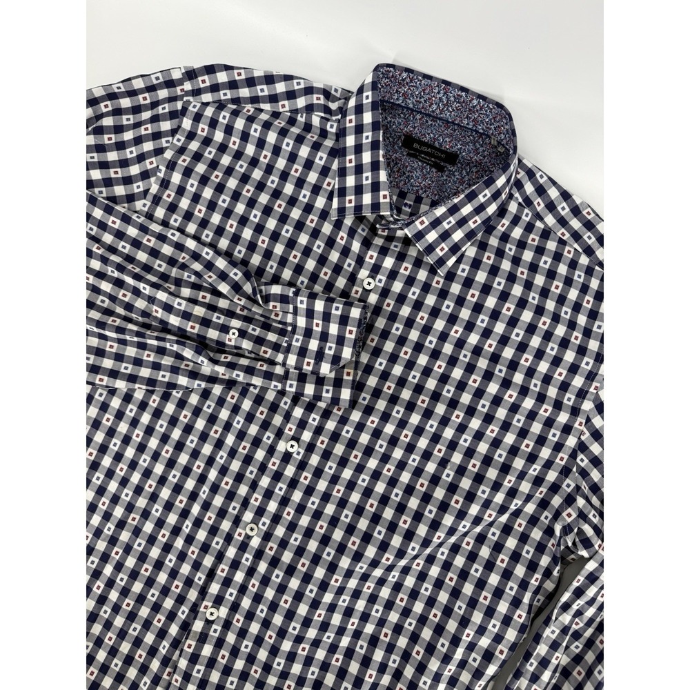 Bugatchi Flip Cuff Button Front Size‎ XL Mens Long Sleeve Shirt Red White Blue